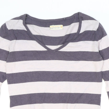 Blend Womens Purple V-Neck Striped Cotton Pullover Jumper Size M