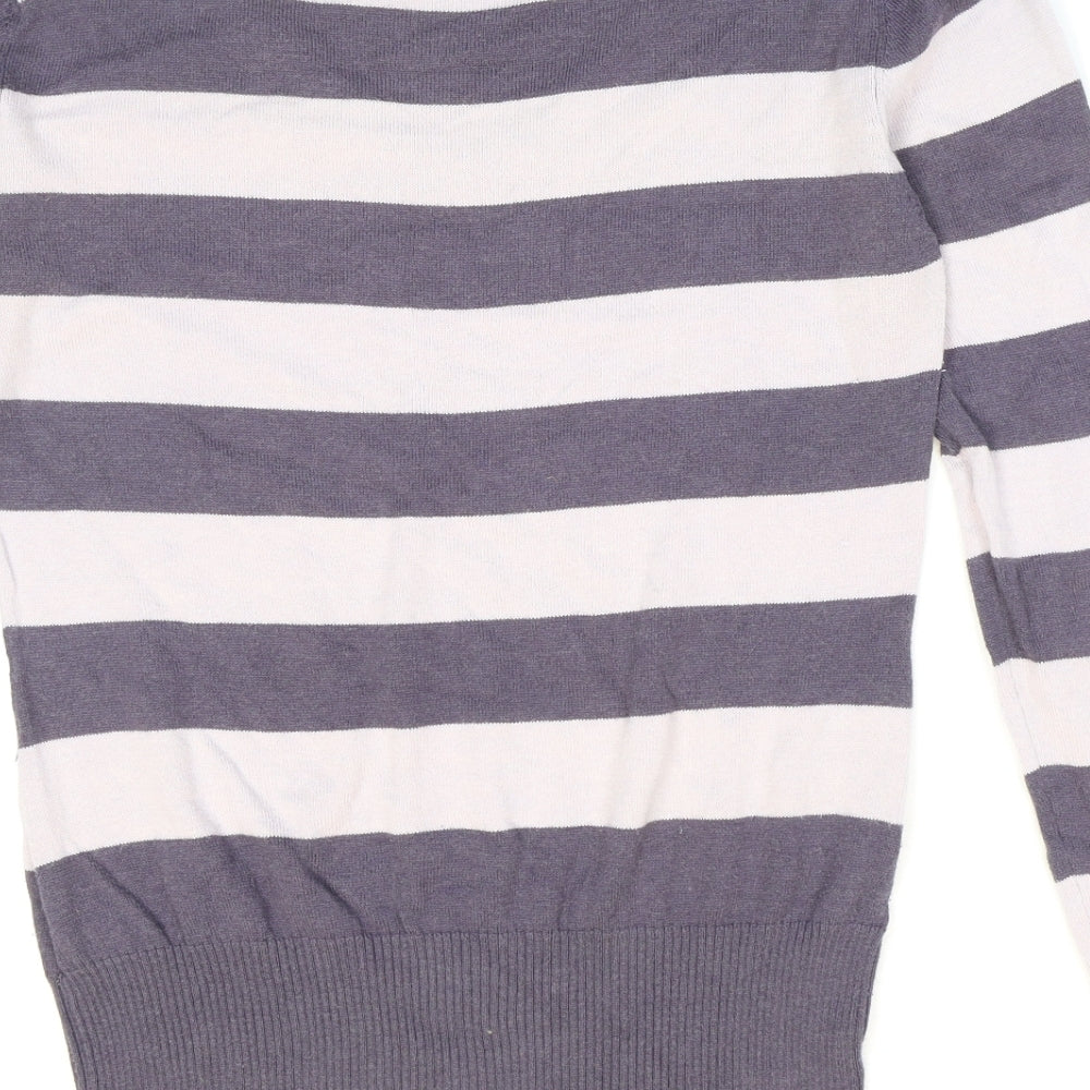 Blend Womens Purple V-Neck Striped Cotton Pullover Jumper Size M