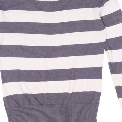 Blend Womens Purple V-Neck Striped Cotton Pullover Jumper Size M