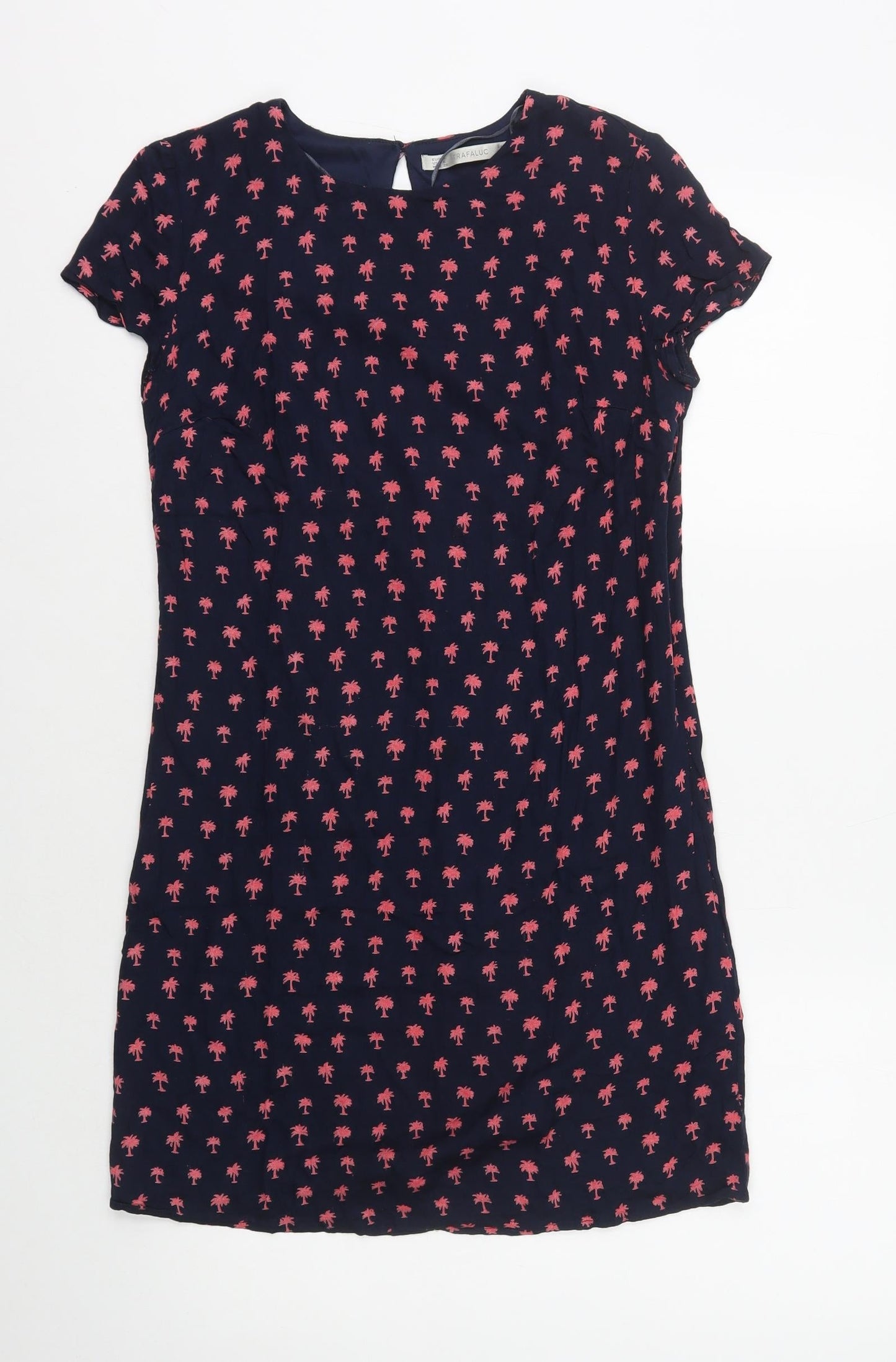 Zara Womens Blue Geometric Polyester A-Line Size S Round Neck Button - Pink Palm Trees