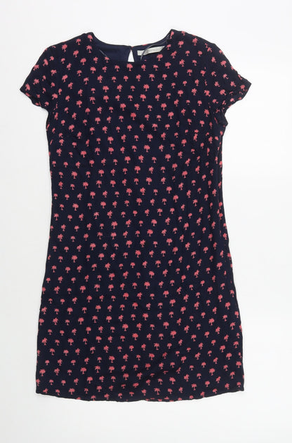Zara Womens Blue Geometric Polyester A-Line Size S Round Neck Button - Pink Palm Trees