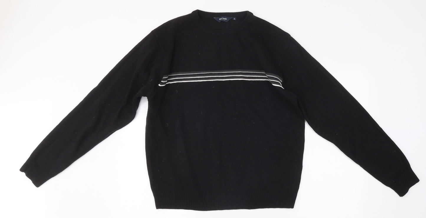 Ben Smith Womens Black Round Neck Striped Polyester Pullover Jumper Size L