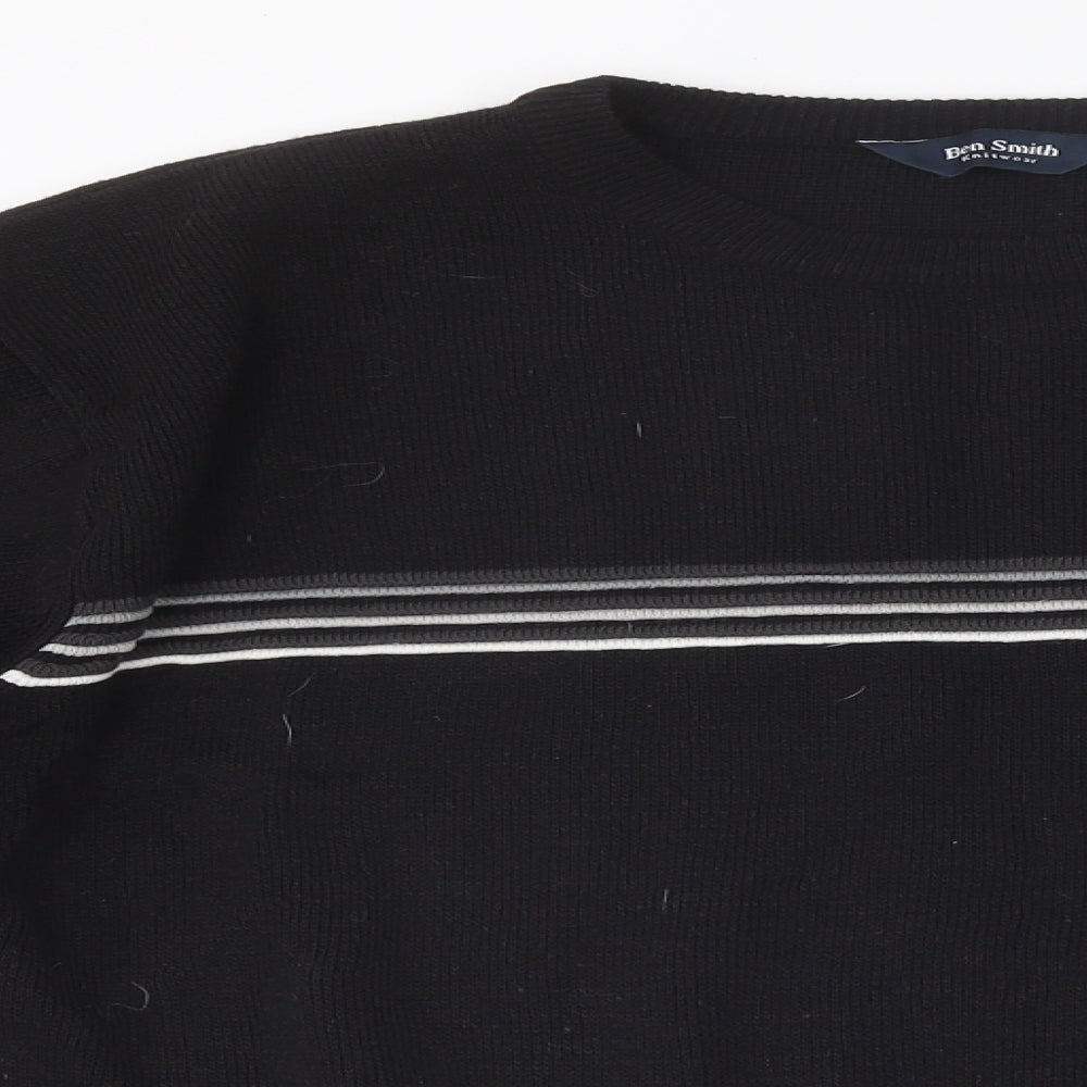 Ben Smith Womens Black Round Neck Striped Polyester Pullover Jumper Size L