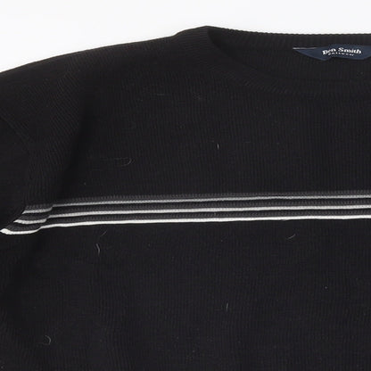 Ben Smith Womens Black Round Neck Striped Polyester Pullover Jumper Size L