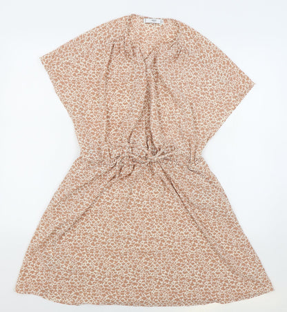 MNG Suit Womens Pink Animal Print Polyester Skater Dress Size M V-Neck Drawstring - Elasticated Waist