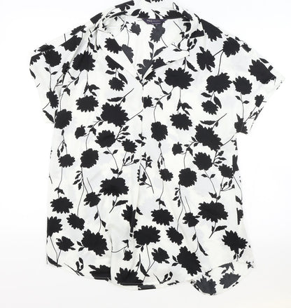 Marks and Spencer Womens White Floral Polyester Basic Blouse Size 8 V-Neck