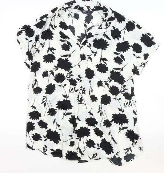 Marks and Spencer Womens White Floral Polyester Basic Blouse Size 8 V-Neck
