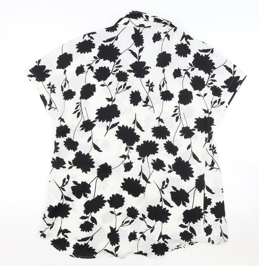 Marks and Spencer Womens White Floral Polyester Basic Blouse Size 8 V-Neck