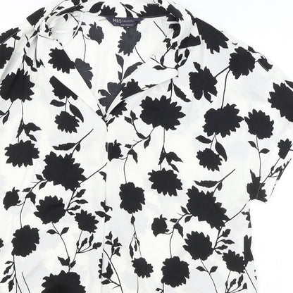 Marks and Spencer Womens White Floral Polyester Basic Blouse Size 8 V-Neck