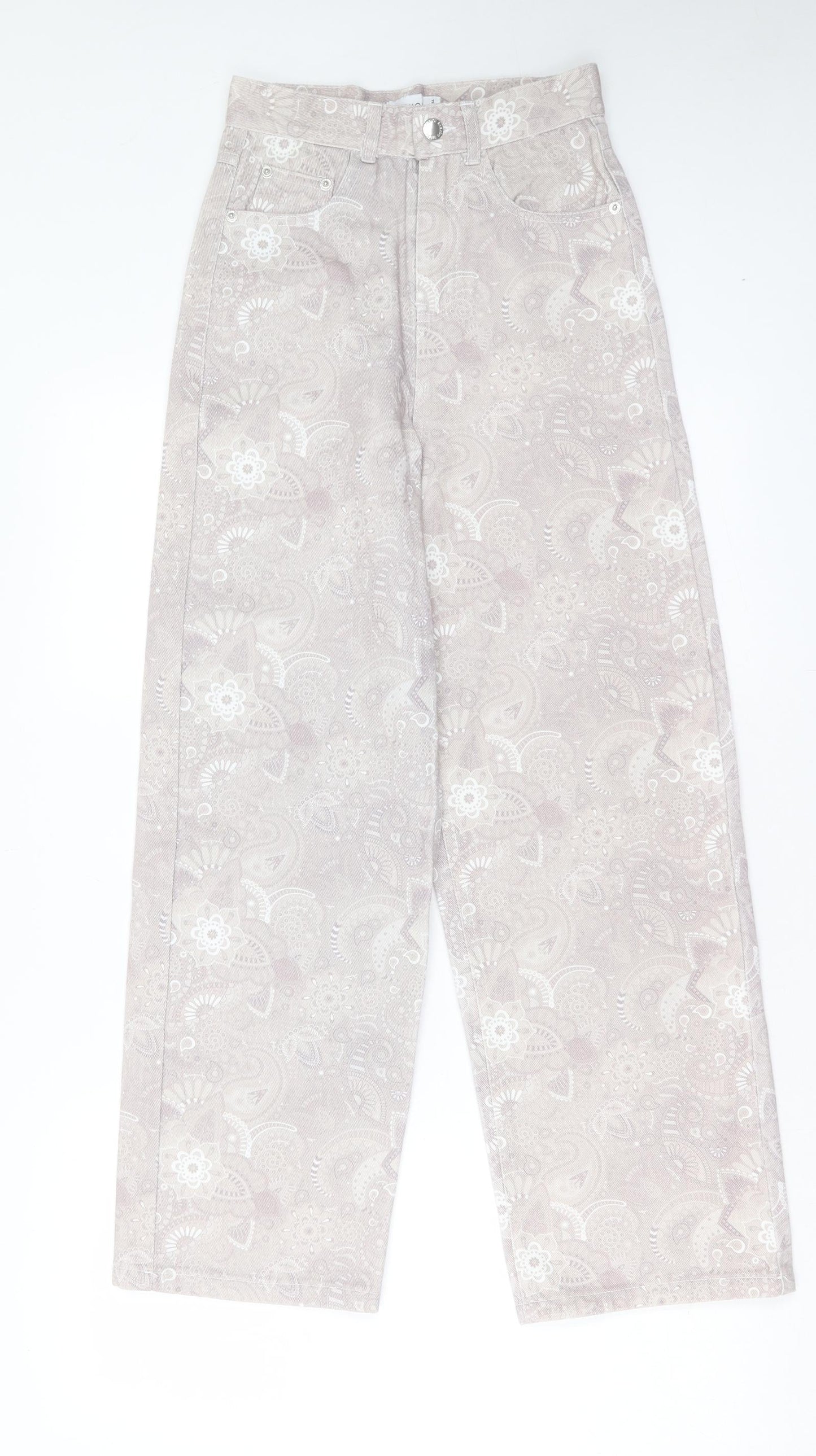Shekou Womens Grey Geometric Linen Straight Jeans Size 2XS L27 in Regular Button