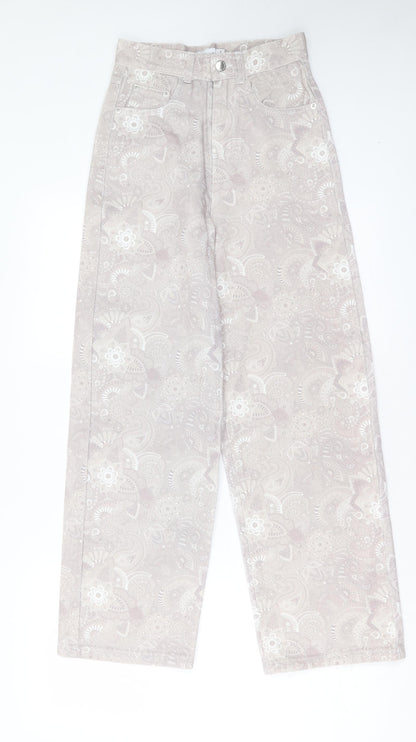 Shekou Womens Grey Geometric Linen Straight Jeans Size 2XS L27 in Regular Button