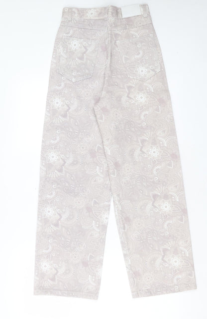 Shekou Womens Grey Geometric Linen Straight Jeans Size 2XS L27 in Regular Button