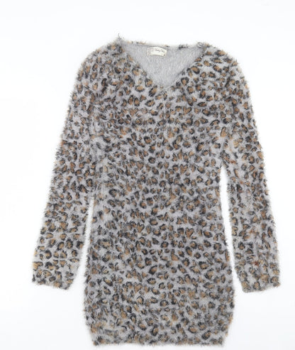 VOULEY VOUS Womens Brown Animal Print Acrylic Jumper Dress Size S V-Neck Pullover