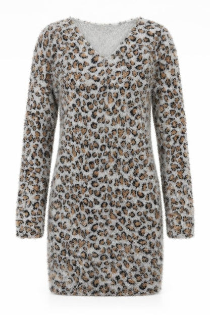 VOULEY VOUS Womens Brown Animal Print Acrylic Jumper Dress Size S V-Neck Pullover