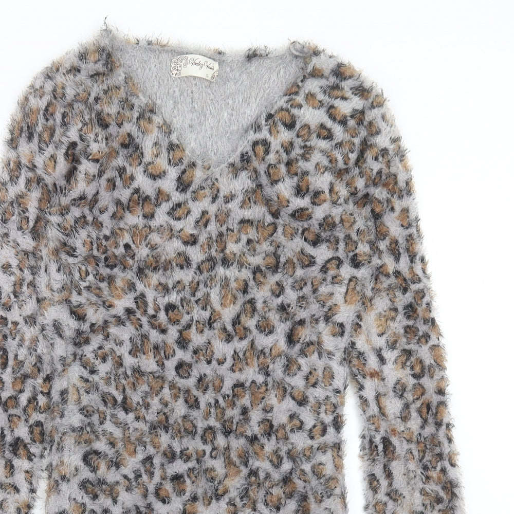 VOULEY VOUS Womens Brown Animal Print Acrylic Jumper Dress Size S V-Neck Pullover