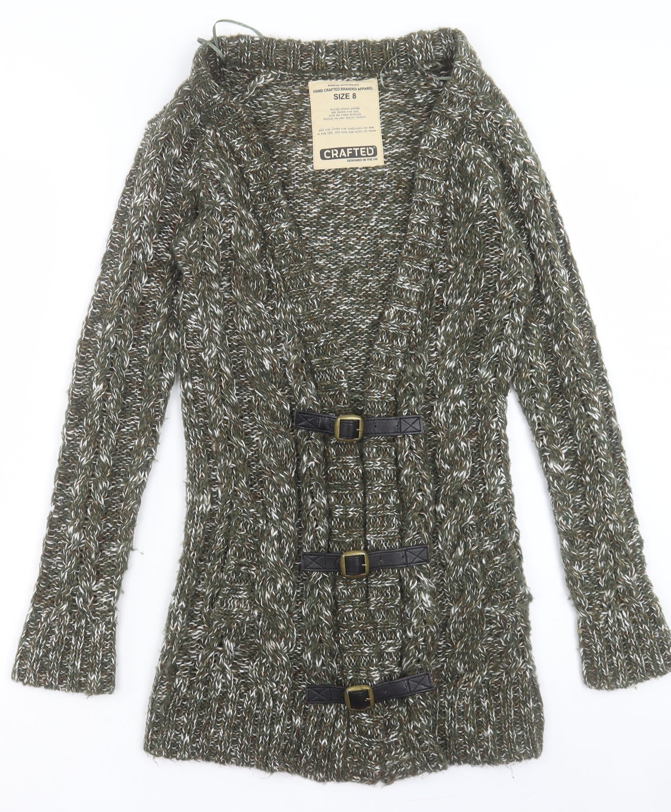 Crafted Womens Green V-Neck Acrylic Cardigan Jumper Size 8 - Buckle Detail