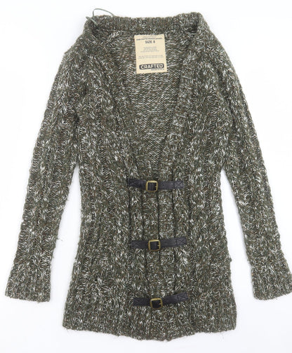 Crafted Womens Green V-Neck Acrylic Cardigan Jumper Size 8 - Buckle Detail