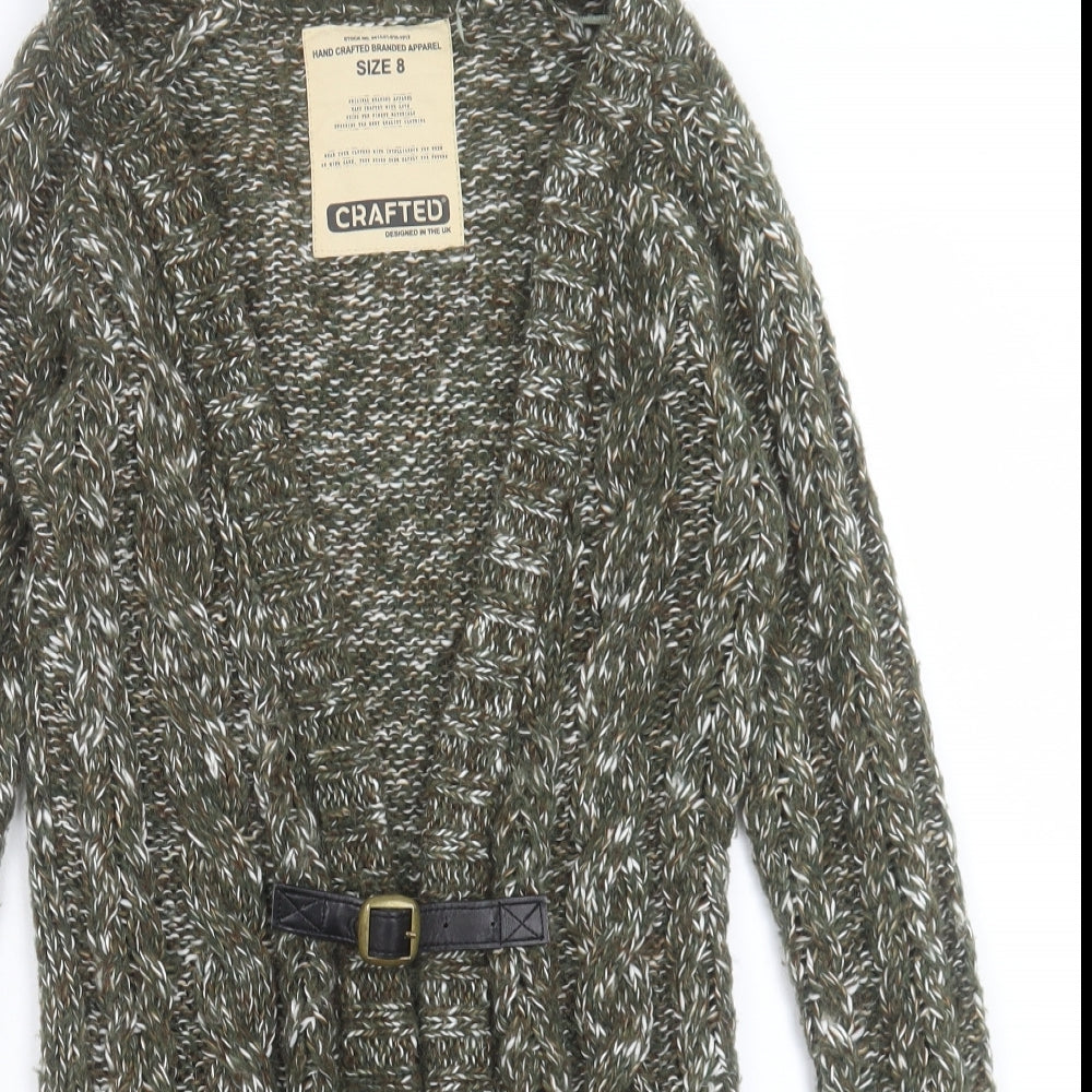 Crafted Womens Green V-Neck Acrylic Cardigan Jumper Size 8 - Buckle Detail