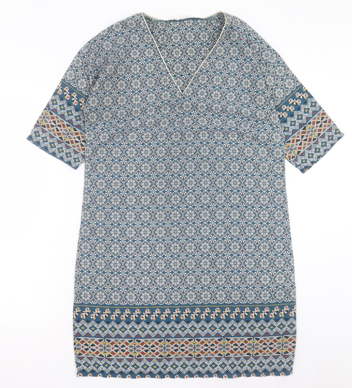 Cache Cache Womens Blue Geometric Polyester A-Line Size 10 V-Neck Pullover