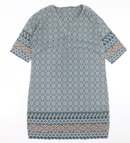 Cache Cache Womens Blue Geometric Polyester A-Line Size 10 V-Neck Pullover