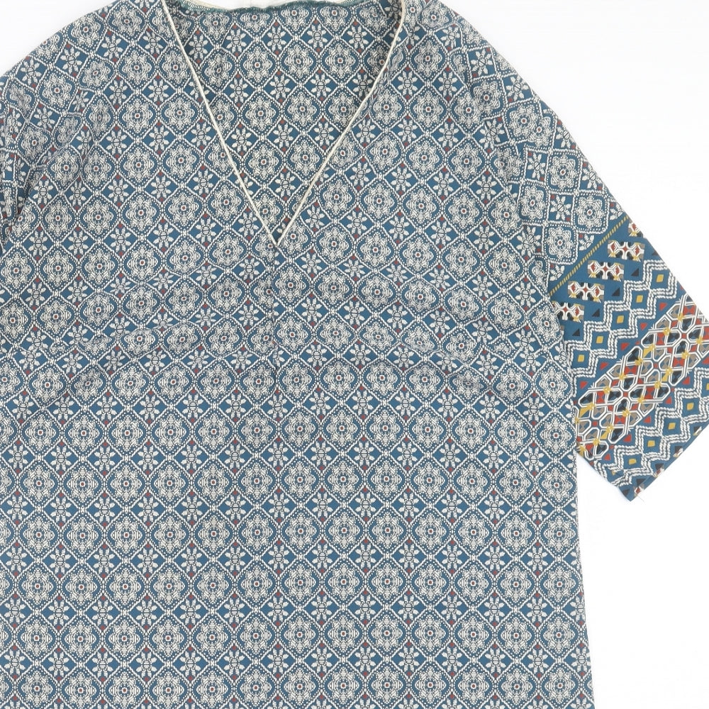 Cache Cache Womens Blue Geometric Polyester A-Line Size 10 V-Neck Pullover