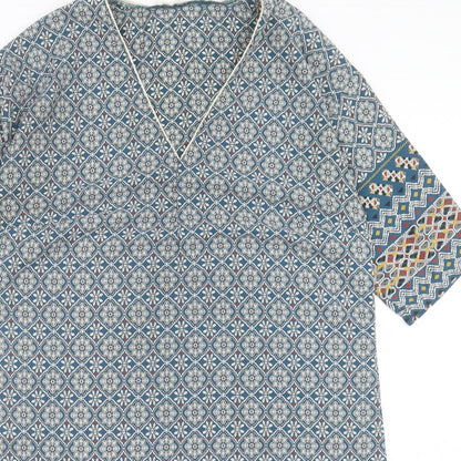 Cache Cache Womens Blue Geometric Polyester A-Line Size 10 V-Neck Pullover