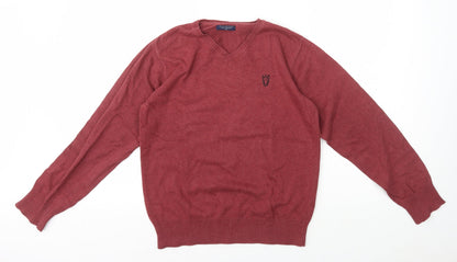 Leisure Club Mens Red V-Neck Cotton Pullover Jumper Size XS