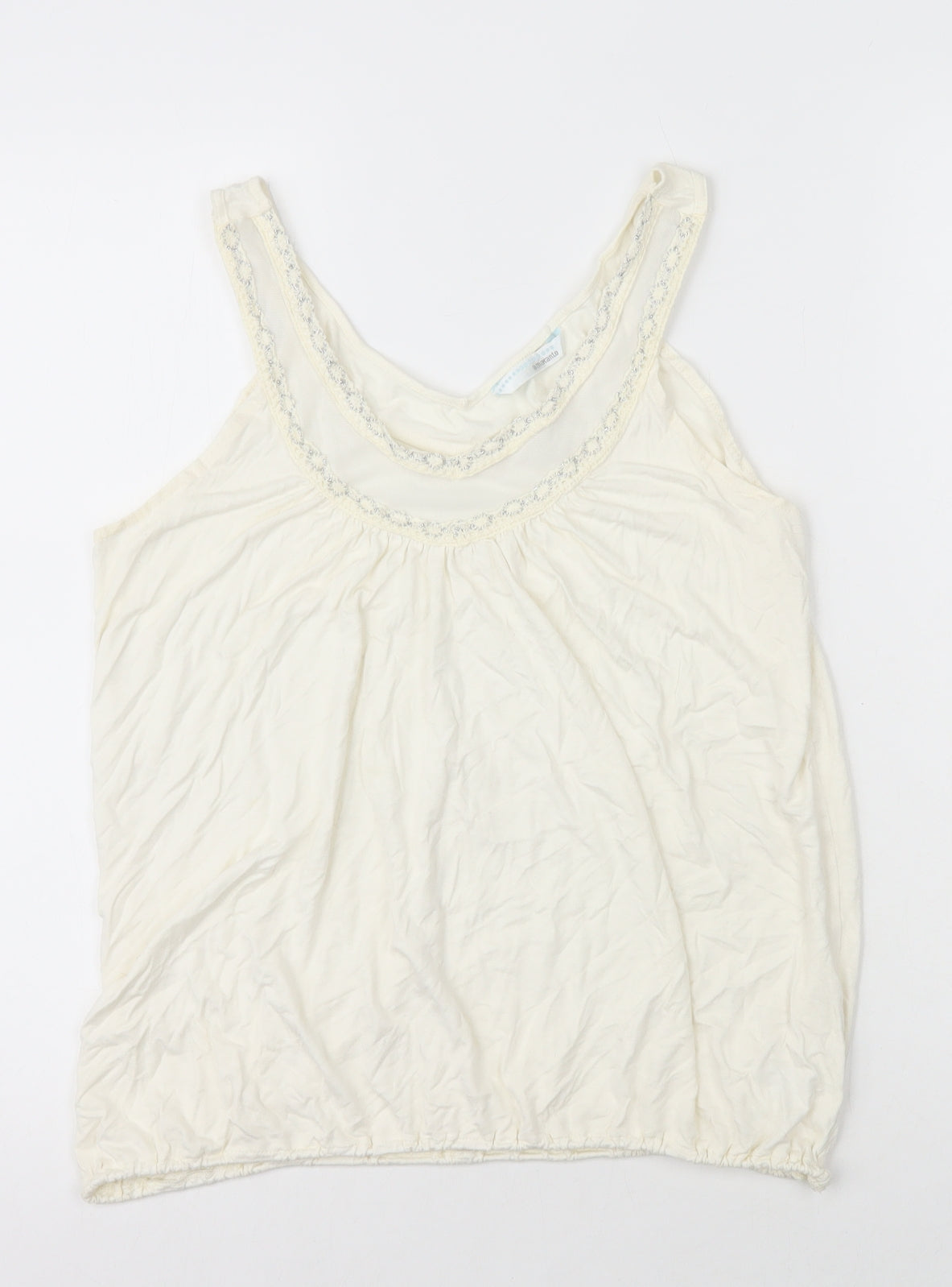 AMARANTO Womens Ivory Herringbone Viscose Basic Tank Size 14 Round Neck - Mesh Detail on Neck