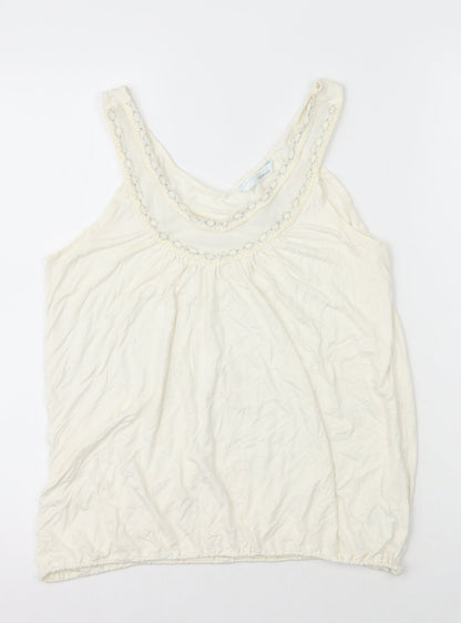 AMARANTO Womens Ivory Herringbone Viscose Basic Tank Size 14 Round Neck - Mesh Detail on Neck