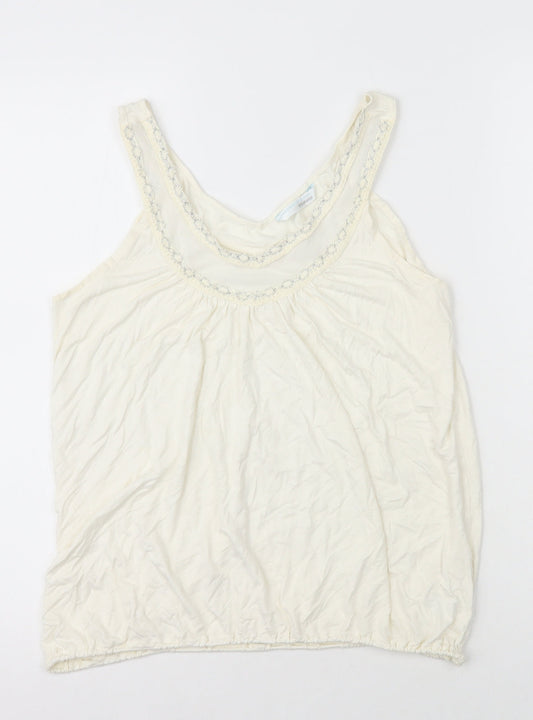 AMARANTO Womens Ivory Herringbone Viscose Basic Tank Size 14 Round Neck - Mesh Detail on Neck