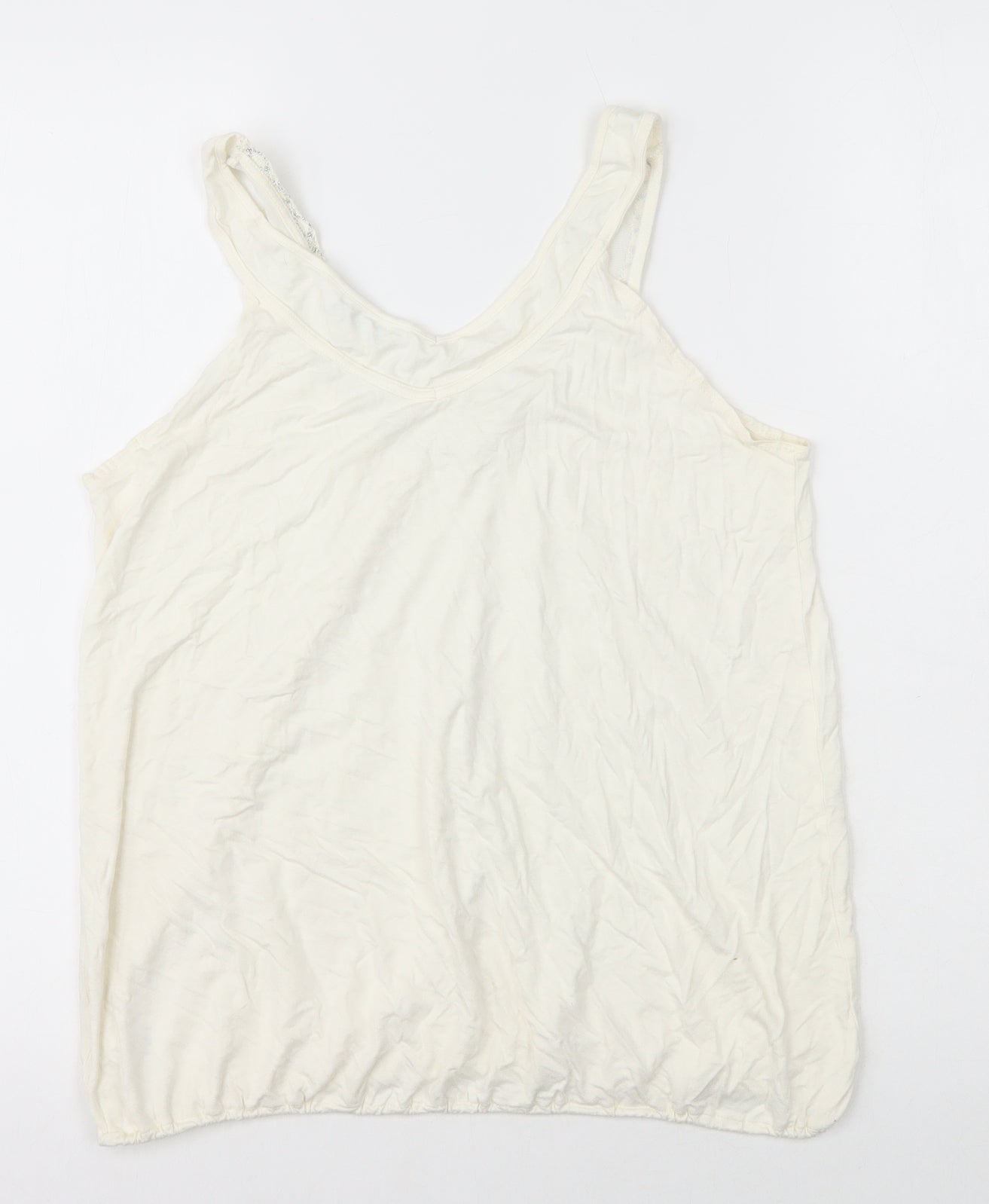 AMARANTO Womens Ivory Herringbone Viscose Basic Tank Size 14 Round Neck - Mesh Detail on Neck