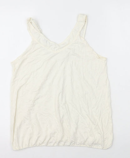AMARANTO Womens Ivory Herringbone Viscose Basic Tank Size 14 Round Neck - Mesh Detail on Neck