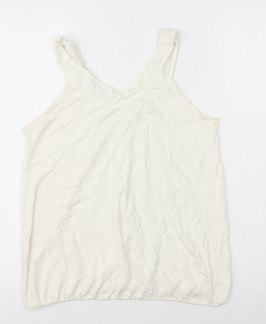 AMARANTO Womens Ivory Herringbone Viscose Basic Tank Size 14 Round Neck - Mesh Detail on Neck