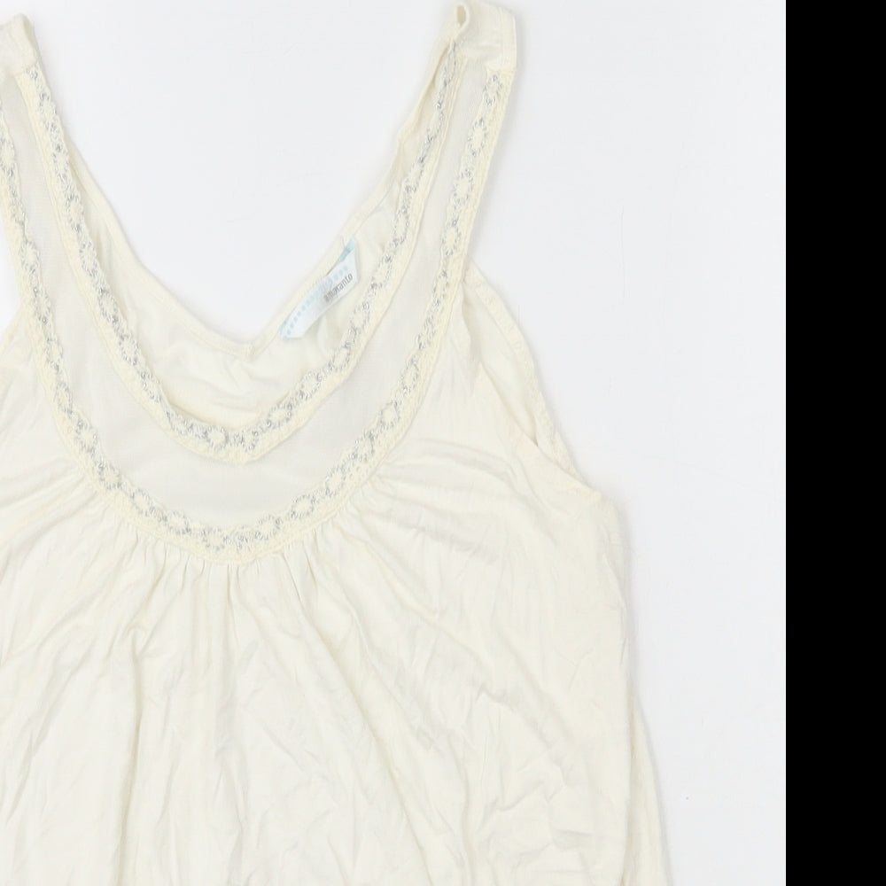 AMARANTO Womens Ivory Herringbone Viscose Basic Tank Size 14 Round Neck - Mesh Detail on Neck