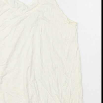 AMARANTO Womens Ivory Herringbone Viscose Basic Tank Size 14 Round Neck - Mesh Detail on Neck