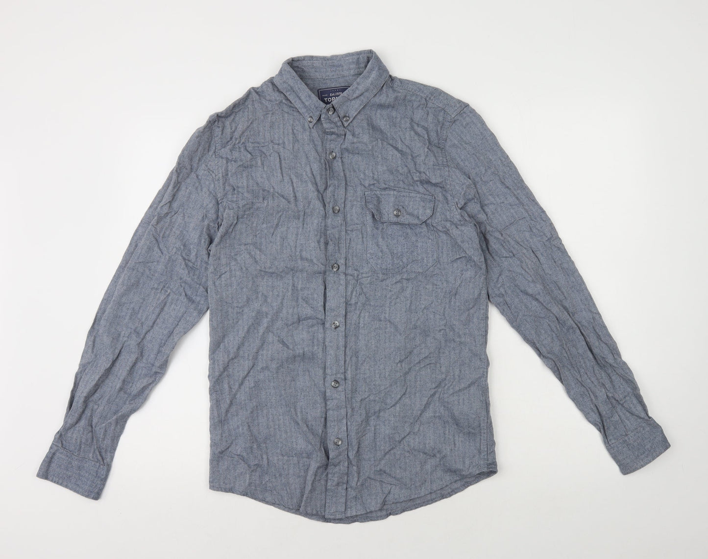 Topman Mens Blue Herringbone Cotton Button-Up Size S Collared Button
