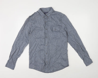 Topman Mens Blue Herringbone Cotton Button-Up Size S Collared Button
