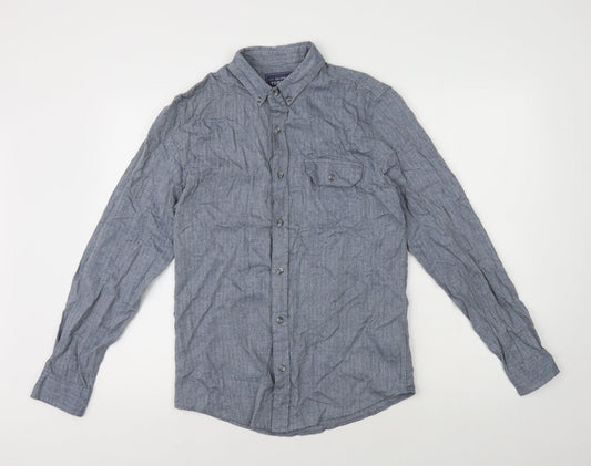Topman Mens Blue Herringbone Cotton Button-Up Size S Collared Button