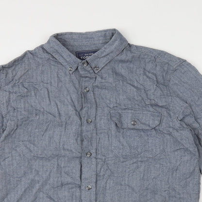 Topman Mens Blue Herringbone Cotton Button-Up Size S Collared Button