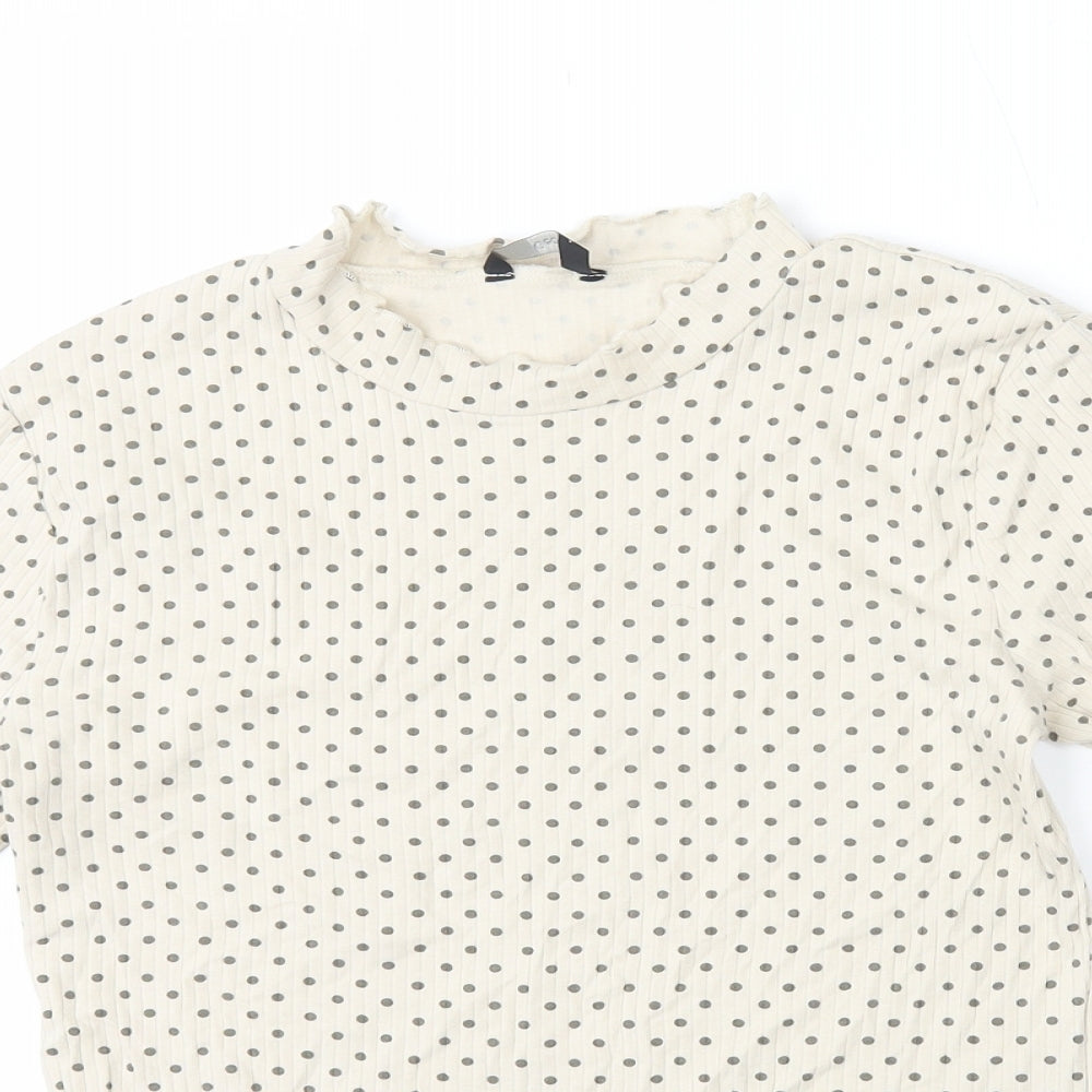 George Girls Ivory Polka Dot Cotton Basic T-Shirt Size 13-14 Years High Neck Pullover