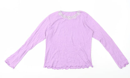 Dunnes Womens Purple 100% Cotton Basic T-Shirt Size 8 Round Neck - Lace Trim Lettuce Hem