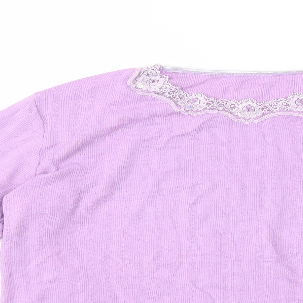 Dunnes Womens Purple 100% Cotton Basic T-Shirt Size 8 Round Neck - Lace Trim Lettuce Hem