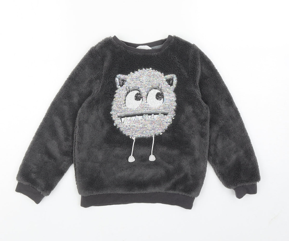 H&M Girls Grey Solid 100% Polyester Top Lounge Set Size 5-6 Years Pullover - Monster
