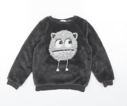 H&M Girls Grey Solid 100% Polyester Top Lounge Set Size 5-6 Years Pullover - Monster