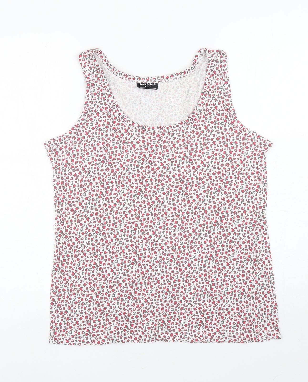 Rock&Rock Womens White Animal Print Polyester Basic Tank Size XL Scoop Neck - Leopard Print