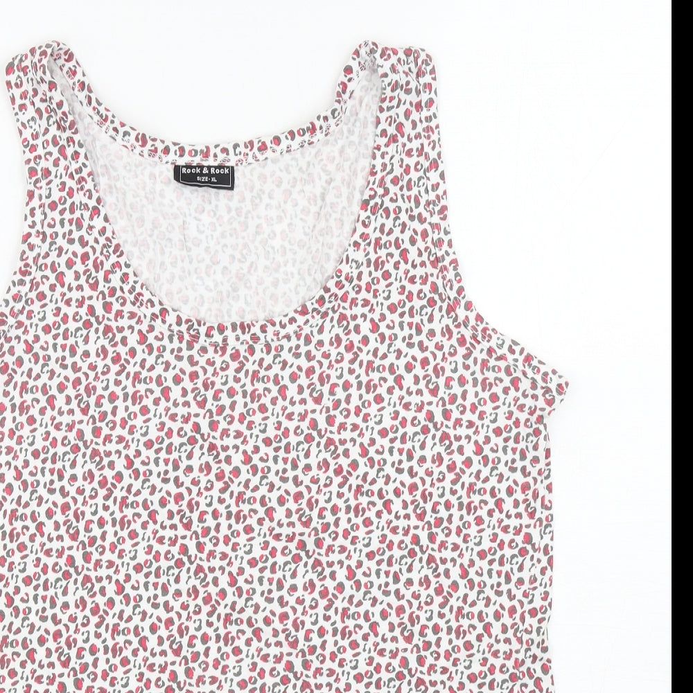Rock&Rock Womens White Animal Print Polyester Basic Tank Size XL Scoop Neck - Leopard Print
