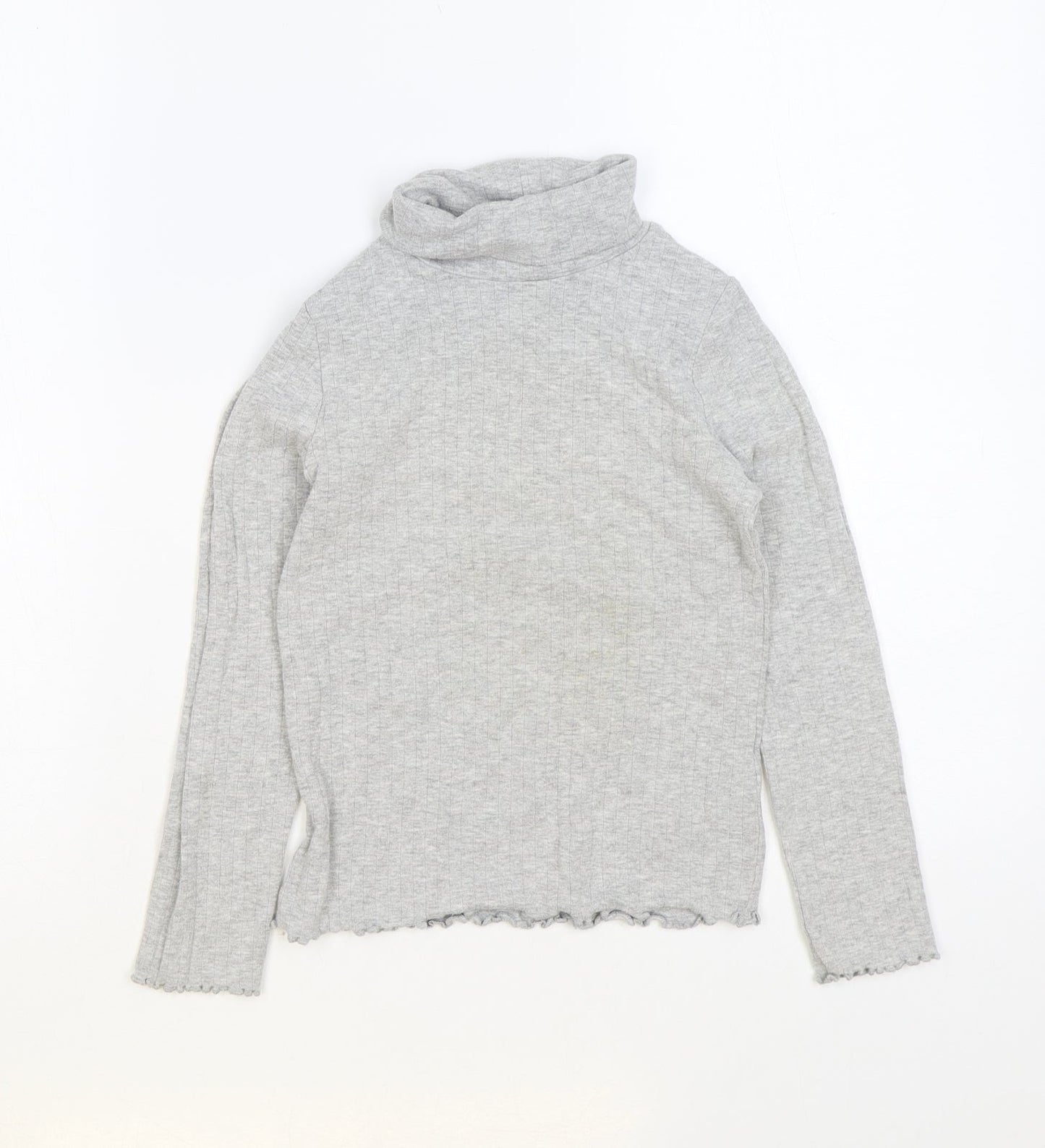 Marks and Spencer Girls Grey Roll Neck Cotton Pullover Jumper Size 8-9 Years Pullover