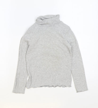 Marks and Spencer Girls Grey Roll Neck Cotton Pullover Jumper Size 8-9 Years Pullover