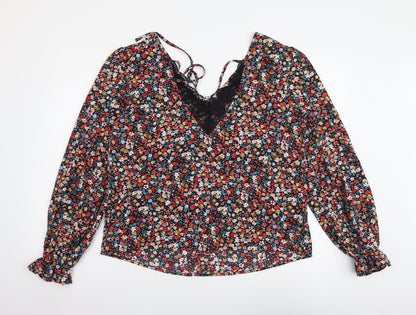 SheIn Womens Multicoloured Floral Polyester Basic Blouse Size L V-Neck - Lace neckline