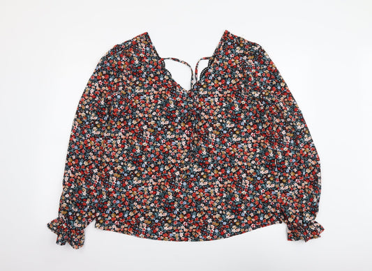 SheIn Womens Multicoloured Floral Polyester Basic Blouse Size L V-Neck - Lace neckline